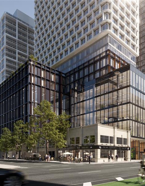 Urban street scene with modern high-rise buildings featuring grid-style windows and large glass panels; trees line the sidewalk, people walk and sit near outdoor café seating, creating a lively downtown atmosphere.
